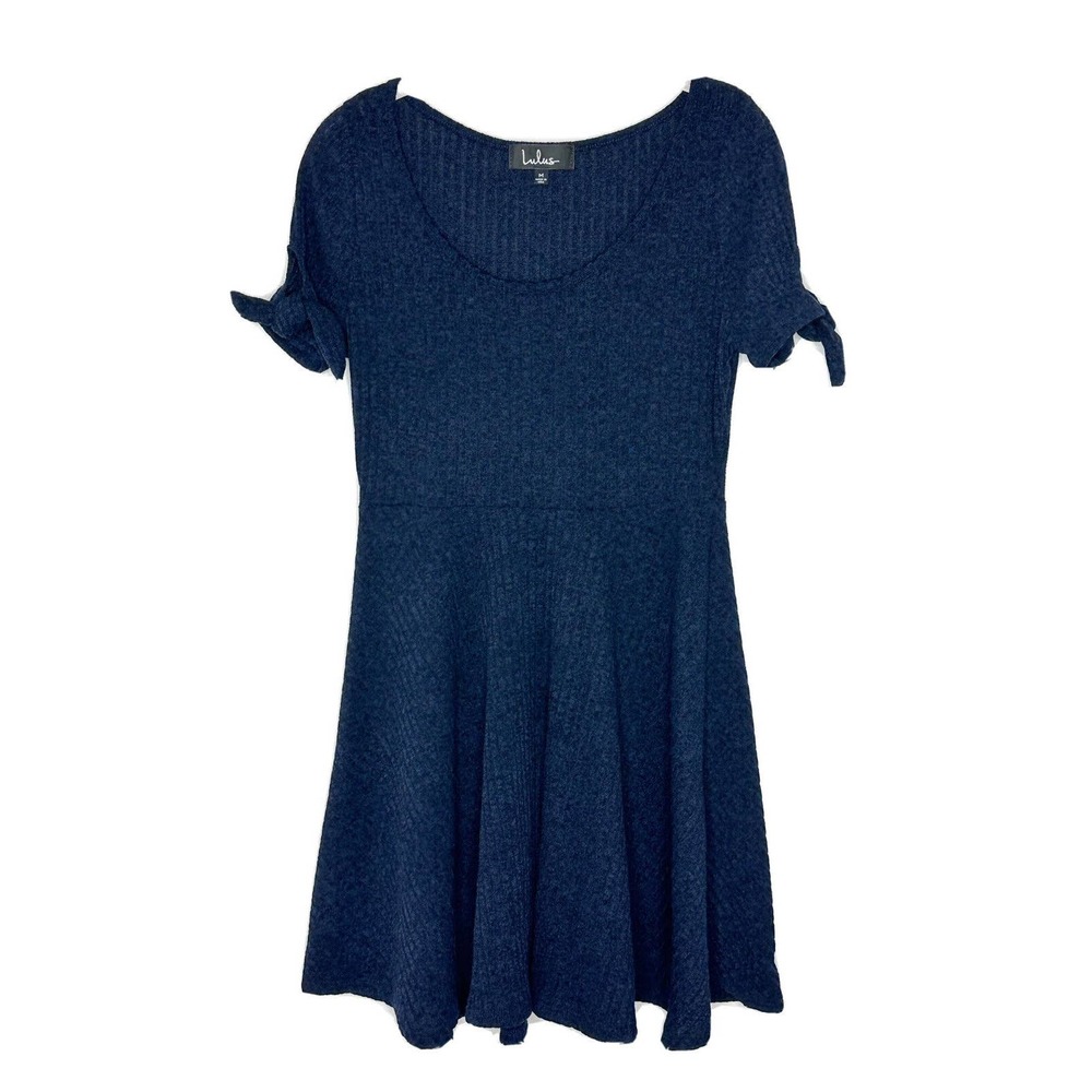 LULUs Navy Blue Ribbed Fit & Flare T Shirt Mini Dress Short Sleeve Size Medium